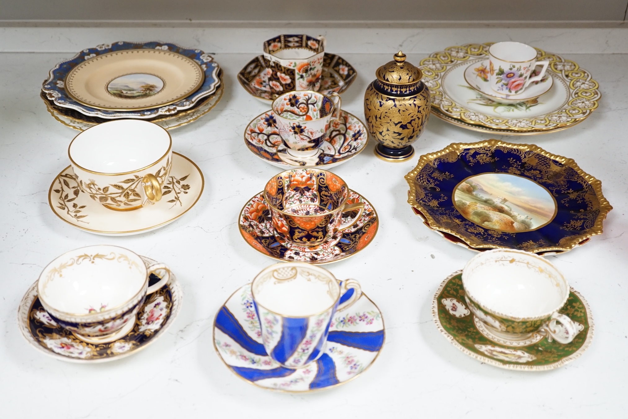 A collection of 19th century and later porcelain to include Aynsley, Davenport, Royal Crown Derby and Spode, some Imari pattern, largest 23cm in diameter. Condition - varies, mostly fair